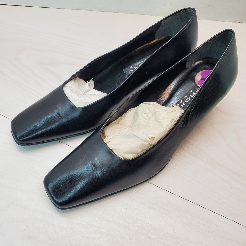 PROXY Black Leather Square Toe Block‎ Heel Pumps Women Size 7.5 Made in Spain